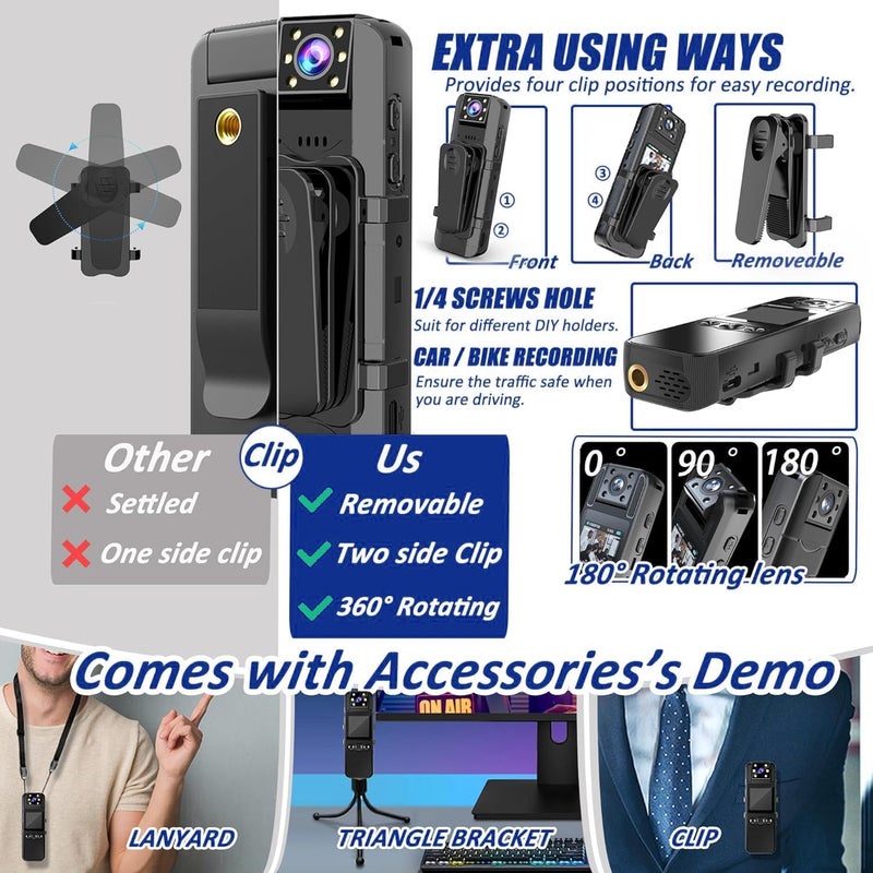 Mingkeda Body Camera with Audio and Video Recording, HD 1080P Body Cam with 180° Rotating Lens, IR Cut Auto Night Vision, 6HR Battery, 128GB Body Worn Camcorder Personal Police (128G HD 1080P) - Image 3